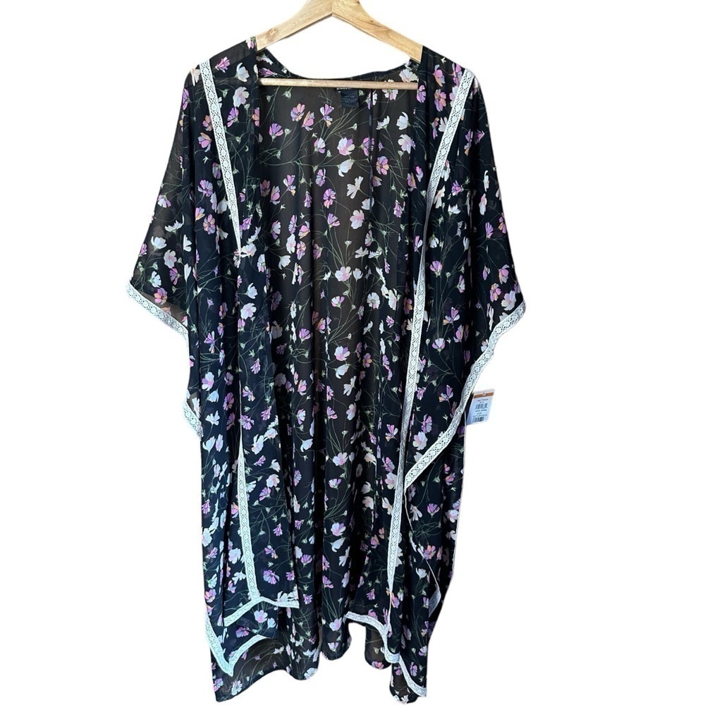 Steve Madden Black Floral Kimono Duster One Size